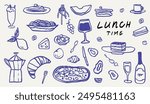 Hand drawn crayon food illustration. Sketch style breakfast, lunch icons. Vector of wine glass, croissant, spaghetti and Illustrations for invitations, menus and parties. La dolce vita italian style.