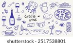 Hand drawn crayon food illustration. Breakfast, lunch doodle icons. Vector of wine glass, seafood, greek olives and cheese Illustrations for invitations, menus and parties. La dolce vita italian style