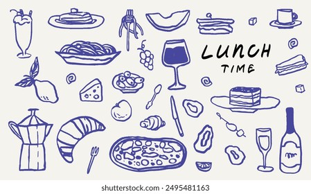 Hand drawn crayon food illustration. Sketch style breakfast, lunch icons. Vector of wine glass, croissant, spaghetti and Illustrations for invitations, menus and parties. La dolce vita italian style.