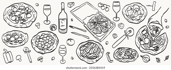 Hand drawn crayon food illustration. Sketch style lunch or dinner icons. Vector of wine, italian pizza Illustrations for invitations, pizzeria or cafe menus and parties. La dolce vita italian style.