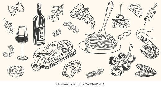Hand drawn crayon food illustration. Sketch style lunch or dinner, mediterranean. Vector of wine, charcuterie, spaghetti illustrations for invitations, menus, parties. La dolce vita italian style