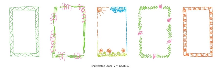 Hand drawn crayon frame box set inspired by kindergarten style. Playful frames for kids designs, text areas and creative layouts.