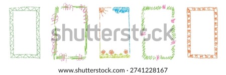 Hand drawn crayon frame box set inspired by kindergarten style. Playful frames for kids designs, text areas and creative layouts.