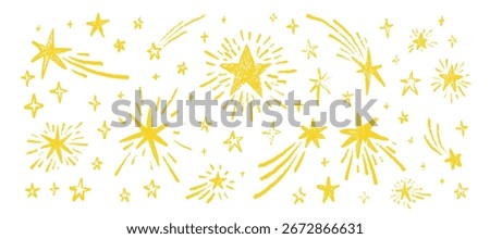 Hand drawn crayon funky cosmic yellow star background. Burst, explosion, bling, twinkle, glint, space, shooting star pencil handwriting, chalk scribble, pastel drawing. Christmas and Happy New Year