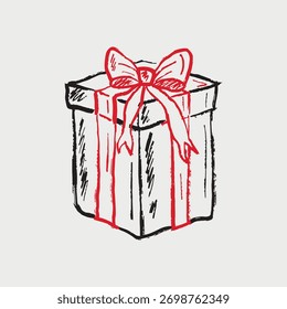 Hand drawn crayon gift box with red ribbon. Vector sketch illustration in vintage retro ink style. Merry Christmas design, holiday celebration, happy birthday