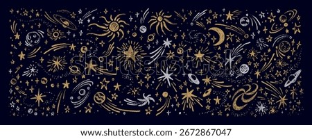 Hand drawn crayon gold and silver sketch outer space luxury background. Celestial cosmic chalk, pencil, paint brush drawing cosmic design. Shooting star, comet, twinkle, bling, star clusters scribble