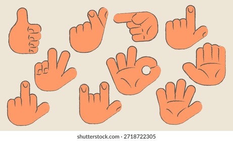 Handgezeichnete Buntstifthände. Fingerherz, hallo und okay geformte Gestenzeiger. Cartoon, einzelne Vektorgrafik