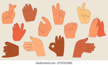 Handgezeichnete Buntstifthände. Fingerherz, hallo und okay geformte Gestenzeiger. Cartoon, einzelne Vektorgrafik