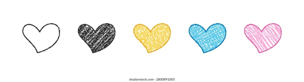Hand drawn crayon hearts featuring black outline black fill yellow blue pink with textured scribble details on white. Unique child style wax pencil love symbols with varied grain and charm.