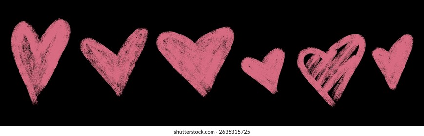 Hand drawn crayon hearts set. Chalk or charcoal kids scribble heart collection. Pencil freehand doodle love elements. Childish valentines brush stroke signs. Vintage paintbrush vector illustration