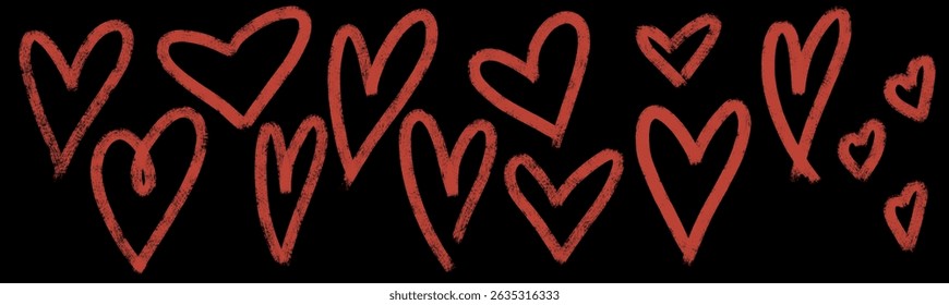 Conjunto de corazones de crayón dibujados a mano. Colección de corazón de garabatos de tiza o carbón. Lápiz a mano alzada doodle línea elemento de amor. Signos infantiles de San Valentín con pinceladas. Ilustración vectorial de pincel de Antiguas