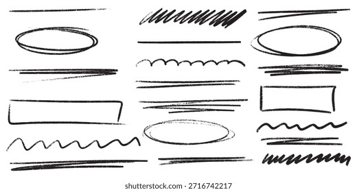 Handgezeichnete Buntstiftmarkierungen mit schwarzen Unterstrichen und Bleistifttexturen. Rohes Freihand-Pinselelement mit wellenförmigen Linien, Doodle-Formen und Skizzeneffekten für kreative Buntstiftdesigns.