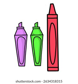 Hand drawn crayon and highlighters vector illustration. Coloring and marking tools. Perfect for designs related to art, creativity, education, school, and hobbies