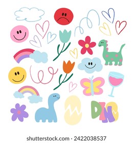 Hand drawn crayon icons of dinosaur, happy faces, doodles, flowers, butterfly, cloud, rainbow, butterfly for stickers, logo, clip arts, decoration, print, social media post, card, ads, frame, tattoo