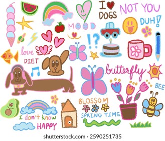 Hand drawn crayon illustration of dachshund puppy, butterfly, rainbow, ice cream cone, car, home, flower, avocado, watermelon, bee, sun for cute drawing, cartoon, sticker, animals, pet, summer, tattoo