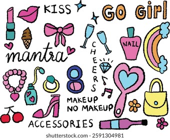 Hand drawn crayon illustration of mantra letters, lipstick, powder, mirror, nail polish, champagne glasses, perfume, bracelet, high heel shoe, bag, pink ribbon, lip, rainbow, ring, diamond, music