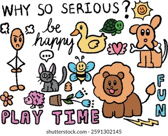 Hand drawn crayon illustration of puppy carrying bone, grumpy stickman, duck, turtle, lion, bee, cat, tulip flower, hedgehog, why so serious letters for cartoon characters, animal, pet, summer vibe