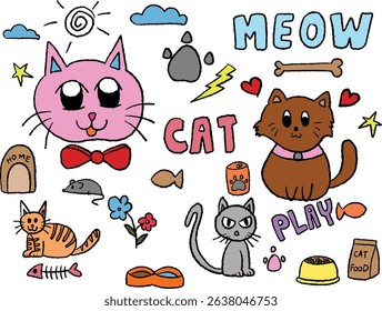 Hand drawn crayon illustrations of cat, home, bone, pet bowl, heart, flower, paw, cat food, rat for kitten cartoon, characters, comic, mascot, cute patch, cartoon, adopt and rescue animal, foster home