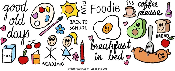 Hand drawn crayon illustrations of good old days, water colours, paint brush, sun, milk box, apple, cherry, book, fried egg, avocado, sausage, bread, hot coffee for breakfast, food cartoon, school