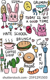 Hand drawn crayon illustrations of grumpy kids, moody bunny and cat, withered flowers, hamburger, bagel, hot coffee, cactus, sausage, champagne, street light for cafe, food, kid drawing style, sticker