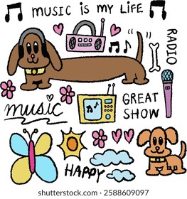 Hand drawn crayon illustrations of puppy, headphone, radio, microphone, bone, butterfly, sun, flower, TV, heart, music melody for cartoon characters, comic, cute patch, dog cartoon, animals, pet shop