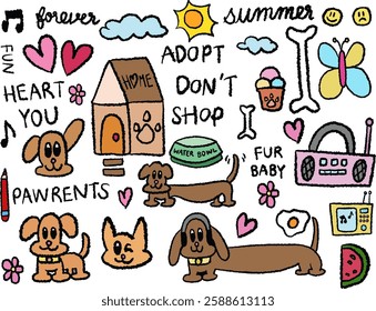 Hand drawn crayon illustrations of puppy, home, bone, butterfly, dog ice cream, heart, pet bowl, watermelon, radio for cartoon characters, comic, cute patch, cartoon character, adopt and rescue animal