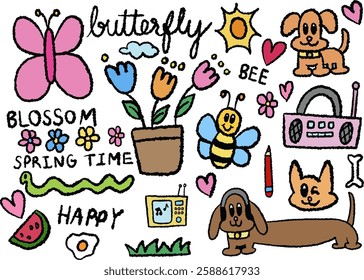 Hand drawn crayon illustrations of puppy, butterfly, bee, radio, cat, tulip flowers, TV, worm, fried egg, heart for cartoon characters, comic, cute patch, spring time, blossom, stickers, pet, nature