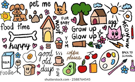 Hand drawn crayon illustrations of puppy, dog's paw, bone, milk, home, fried egg, tree, house, flowers, water colour, paint brush, avocado, apple, cherry, hot coffee cup, bread, stick man, sun, cloud