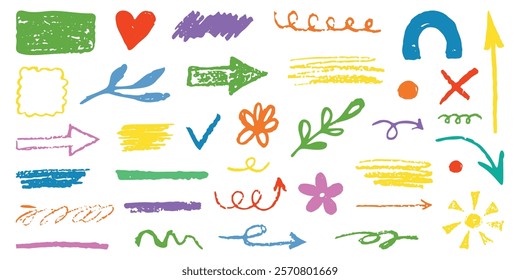 Hand drawn crayon kid illustrations. Grunge Pastel arrow, figures, spiral, collage. Cute pencil underline set. Child geometric abstract elements. Funky chalk scribble in doodle style. Isolated Vector