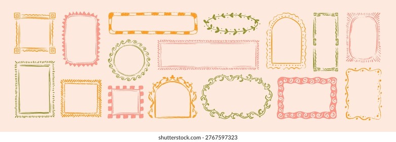 Hand drawn crayon mediterranean summer border set. Grecian, Italian style. Chalk, paint brush, charcoal grunge drawing. Spring floral boarder. Doodle sketch design element wedding, birthday invitation