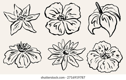 Conjunto de flores de estilo minimalista de tatuaje de crayón dibujado a mano. Dibujo de Elementos florales de tinta moderna. Lápiz Abstractas, plantas de tiza. Rama del cepillo, Ilustración vectorial floral botánica de la silueta