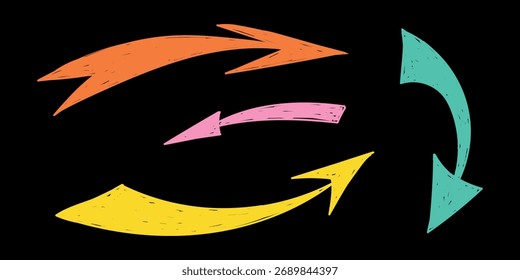 Colección de flecha de movimiento de crayón dibujado a mano. Conjunto de flechas onduladas de grunge. Dibujo de líneas de tiza a lápiz. Conjunto de elementos de garabato de pincel de color. Ilustración vectorial Doodle.