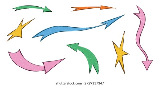 Colección de flecha de movimiento de crayón dibujado a mano. Conjunto de flechas garabateantes de Grunge. Dibujo de líneas de tiza a lápiz. Conjunto de elementos de garabato de pincel de color. Ilustración vectorial Doodle.