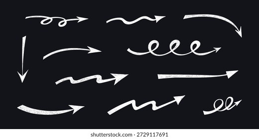Coleção de setas de movimento de lápis de cor desenhado à mão. Seta grunge ondulada. Esboço de linhas de giz a lápis. Conjunto de elementos de rabisco de escova branca. Ilustração vetorial de doodle.