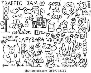 Hand drawn crayon outline illustrations of rainbow, traffic light, car, buildings, watercolour, paint brush, milk box, capybara, bunny, duck, carrot, cherry, flowers, butterfly, ice cream cone, bread