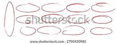 Hand drawn crayon ovals and circles. Ellipses pencil doodle style set. Red round rough thin frames. Round freehand shapes, emphasis highlights. Vector elements for hand drawn diagrams