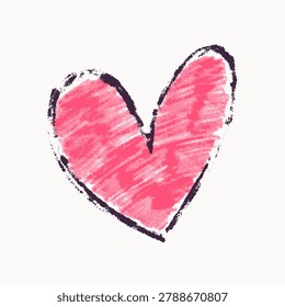 Hand drawn crayon pencil heart shape. Textured layered vector image of heart with outline and fill. Graphic element for design.