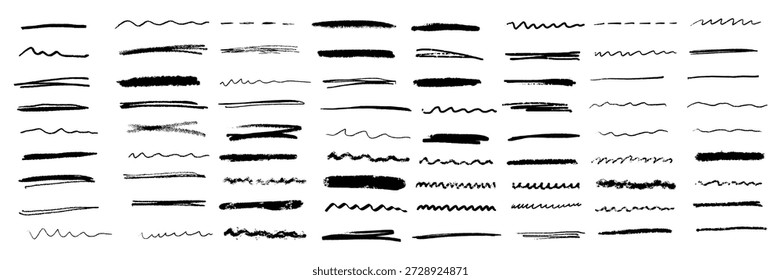 Traço de lápis e lápis desenhado à mão com textura de giz e símbolo de marca grunge. Conjunto de ícones de pincel sublinhado de linha de giz. Cores preto e branco. Ilustração vetorial.