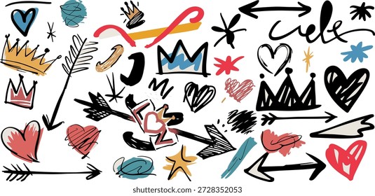 Hand Drawn Crayon Scrapbook Doodle Collection, Punk Collage Stickers