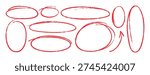 Hand Drawn Crayon Scribble Highlight. Vector Chalk and Pencil Line Oval, Circle Shapes in Red Color. Doodle Ellipse Icon Set in Kids Style for Sticker, Banner, Poster, Web Design and Social Media