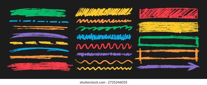 Hand Drawn Crayon Scribble Highlight. Vector Pencil Wavy Strokes, Underline, Rectangle Border in Colorful. Doodle Chalk Textures Set in Kids Style for Sticker, Banner, Poster, Web Design