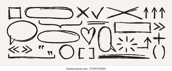 Hand Drawn Crayon Scribble Highlight. Vector Pencil Rectangle and Oval Frames, Wavy Strokes, Speech Bubbles, Arrows, Heart. Doodle Chalk Textures Set in Kids Style for Sticker, Banner, Poster