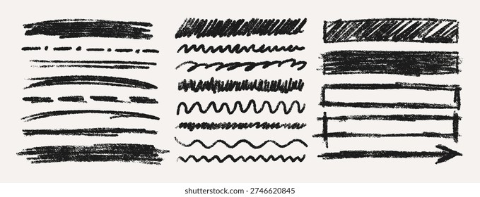 Hand Drawn Crayon Scribble Highlight. Vector Pencil Lines, Wavy Strokes, Rectangle Frames in Black Color. Doodle Chalk Textures Set in Kids Style for Sticker, Banner, Poster, Web Design
