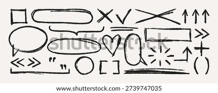 Hand Drawn Crayon Scribble Highlight. Vector Pencil Rectangle and Oval Frames, Wavy Strokes, Speech Bubbles, Arrows, Heart. Doodle Chalk Textures Set in Kids Style for Sticker, Banner, Poster