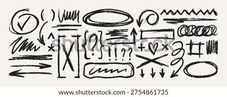 Hand Drawn Crayon Scribble Highlight. Vector Pencil Wavy Strokes, Underline, Rectangle Border, Question Mark, Check, Arrows, Brackets, X. Doodle Chalk Textures Set in Kids Style