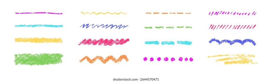 Hand drawn crayon scribble lines. Doodle chalk marker line stripes collection. Wavy chalk texture underlines. Handmade brush scribble dividers. Vector illustration isolated on white background.
