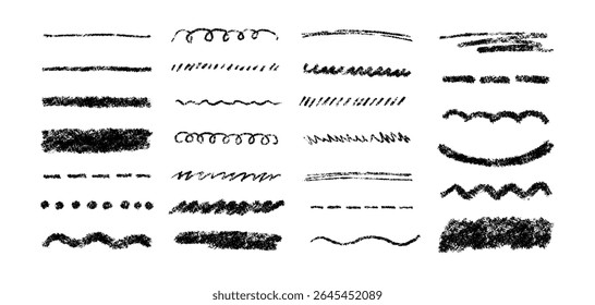 Hand drawn crayon scribble lines. Doodle chalk marker line stripes collection. Wavy chalk texture underlines. Handmade brush scribble dividers. Vector illustration isolated on white background.