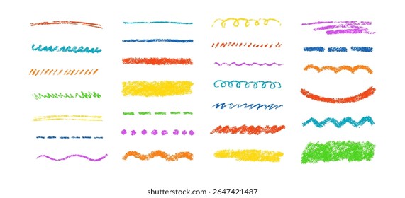 Hand drawn crayon scribble lines. Doodle chalk marker line stripes collection. Wavy chalk texture underlines. Handmade brush scribble dividers. Vector illustration isolated on white background.