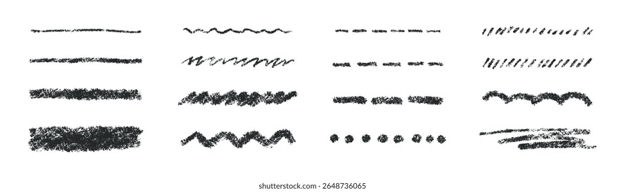 Hand drawn crayon scribble lines. Doodle chalk marker line stripes collection. Wavy chalk texture underlines. Handmade brush scribble dividers. Vector illustration isolated on white background.