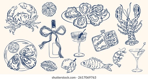 Hand drawn crayon seafood set. Sketch style lunch elements, oysters, mussels, shrimps, ink, crayon or chalk drawing. Vector doodle line art Illustration for placard, poster, menu and package design.